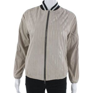 Suprema Womens Bomber Jacket Beige Suede Striped Zip Long Sleeve Size M